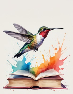 Hummingbird over open book with watercolor splashes
