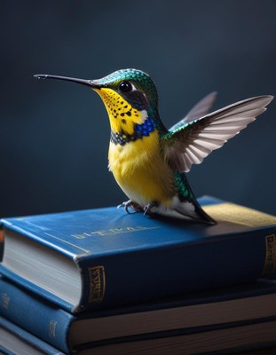 Hummingbird perched on books