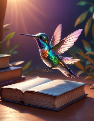 Hummingbird hovering over book