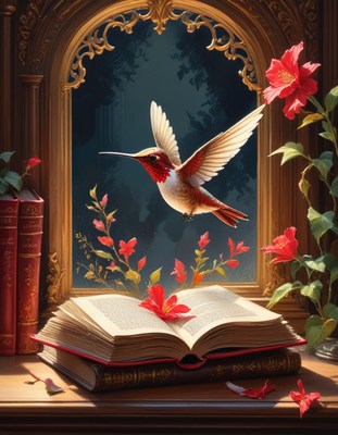 Hummingbird flying through window