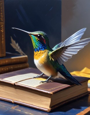 Hummingbird perched on book