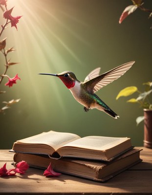 Hummingbird hovering over open book