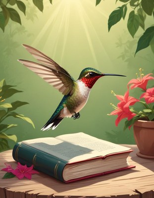 Hummingbird perched on book
