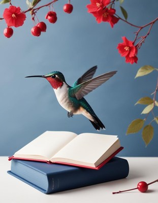 Hummingbird flying over book