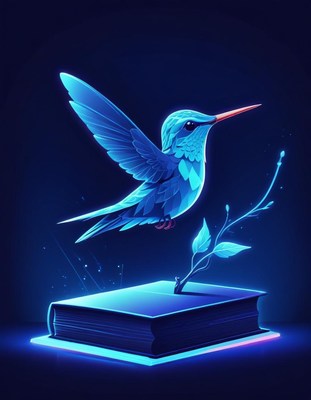 Blue hummingbird perched on book