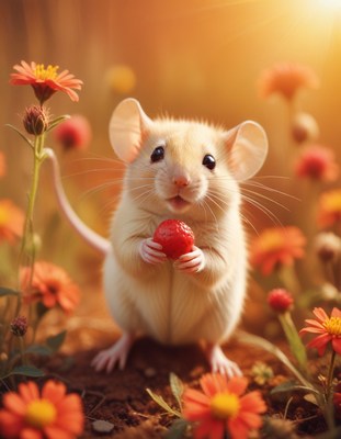 White mouse holding strawberry in flower field