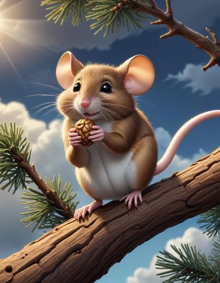 Mouse eating pine cone on branch