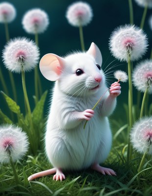 White mouse holding dandelion in field