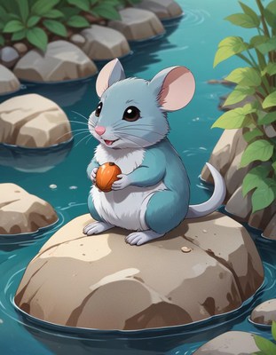 Mouse holding nut by stream