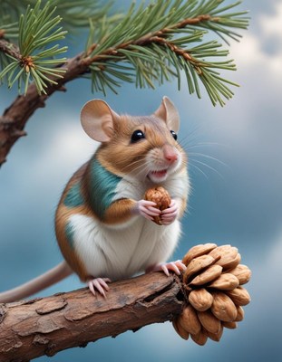 Mouse eating nut on branch