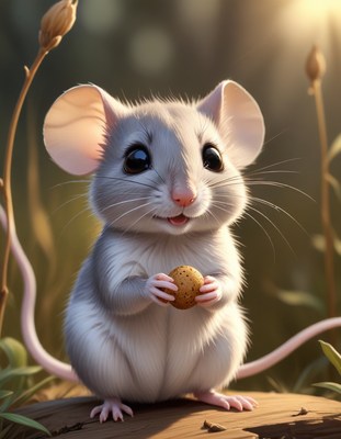 Smiling mouse holding nut in forest