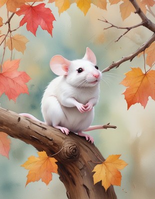 White mouse on branch in autumn