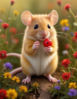 Mouse eating berry in flower garden
