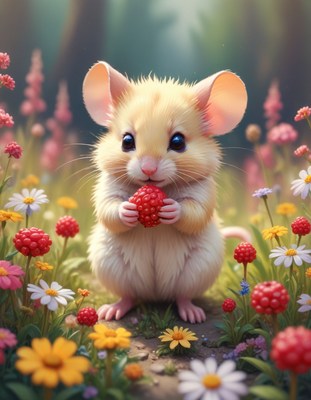 Mouse eating berries in a meadow