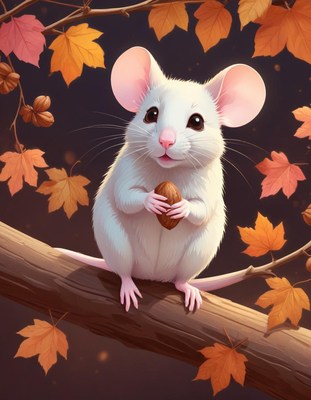 White mouse holding nut in autumn