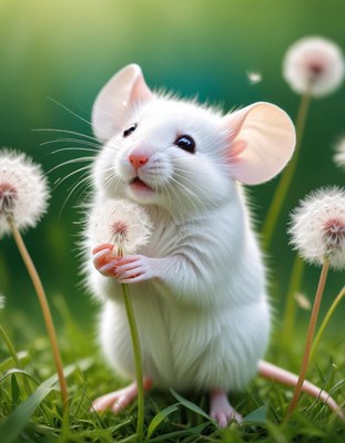 White mouse holding dandelion in grass