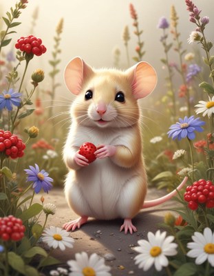 Mouse holding strawberry in field