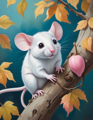 White mouse on branch in autumn