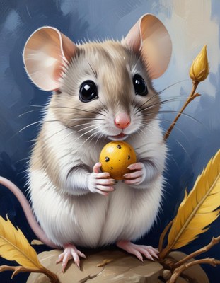 Mouse holding yellow ball on rock