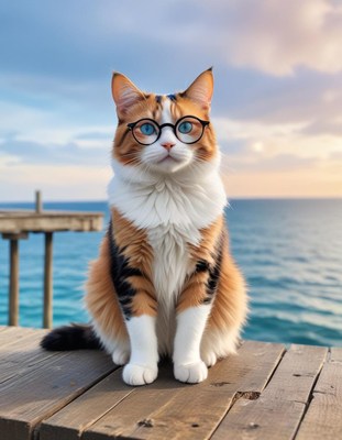 Calico cat wearing glasses on a dock