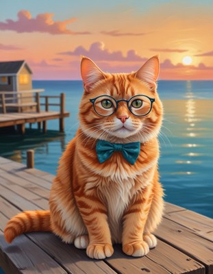 Cat in glasses at sunset