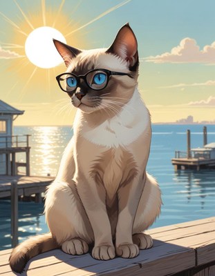 Cat wearing glasses on dock at sunset