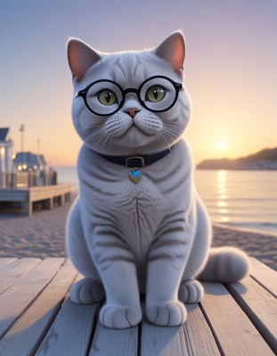 Cat wearing glasses on beach pier at sunset