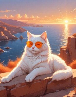 Cat relaxing on cliff at sunset