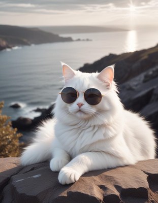 White cat wearing sunglasses on cliff