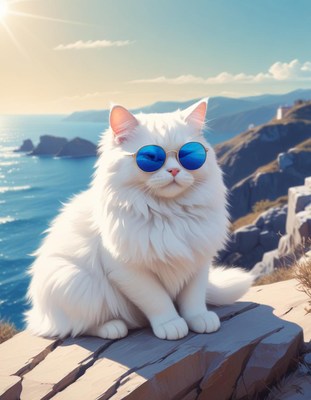 White cat wearing sunglasses on cliffside