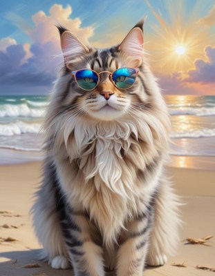 Cat wearing sunglasses on beach at sunset