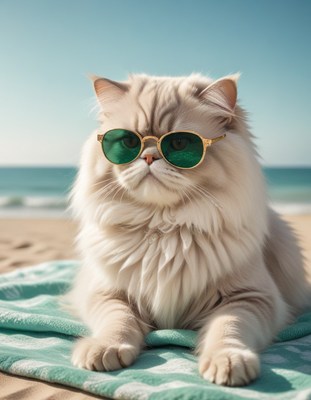 Cat relaxing on beach towel