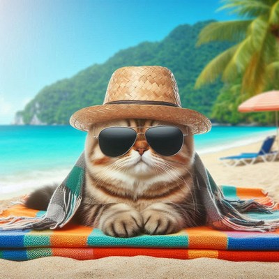 Cat relaxing on beach in sunglasses and hat
