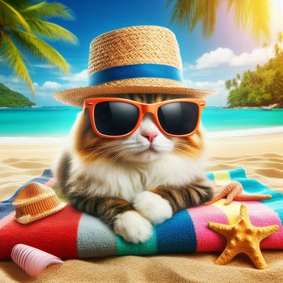 Cat relaxing on beach in summer