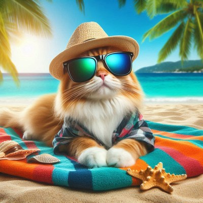 Cat relaxing on beach in summer
