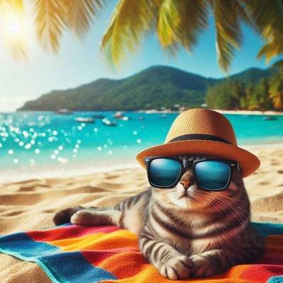 Cat relaxing on beach in summer
