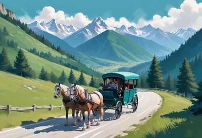Horse-drawn carriage through mountain pass