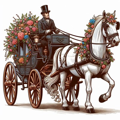 Man driving horse-drawn carriage with flowers
