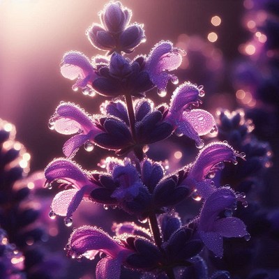 Dew-covered purple flowers in sunlight