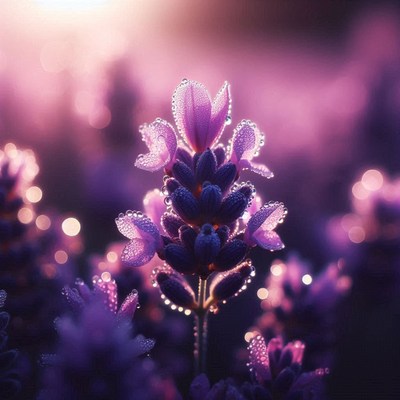 Dew-covered lavender at sunset