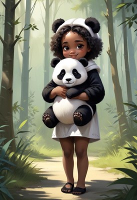 Girl with panda plush in forest
