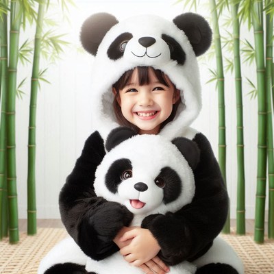 Girl in panda costume holding plush
