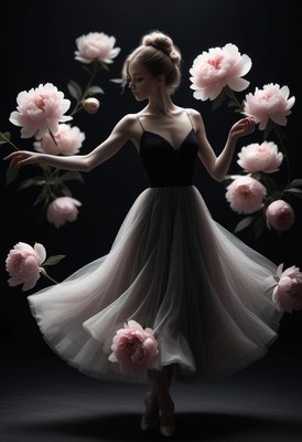 Woman in black dress with peonies
