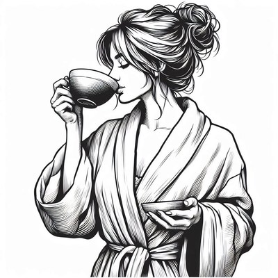 Woman drinking coffee in robe