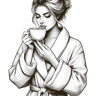 Woman in robe drinking coffee