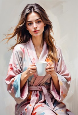 Woman in pink robe drinking coffee