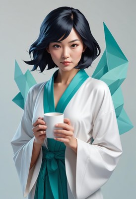 Woman in robe holding a cup