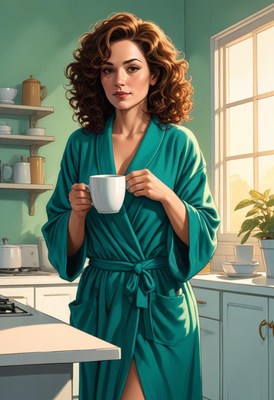 Woman in green robe drinks coffee in kitchen