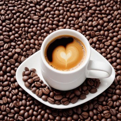 Coffee cup with heart design on coffee beans