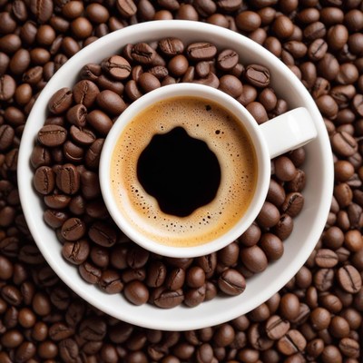 Coffee cup surrounded by beans